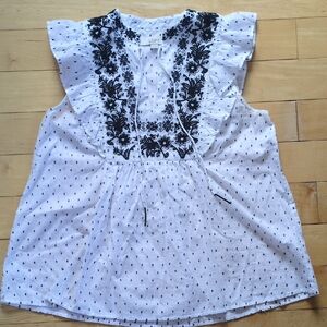 LOFT White and Black Embroidered Blouse